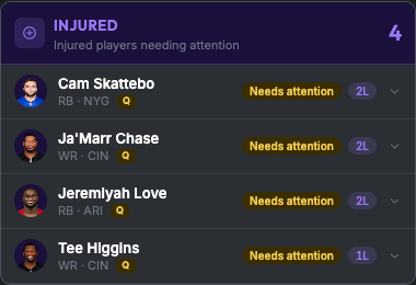Injured column listing questionable starters tagged Needs attention.